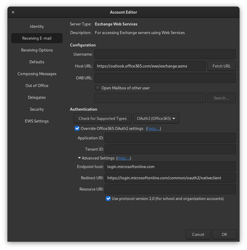 Screenshot showing Evolution EWS account settings